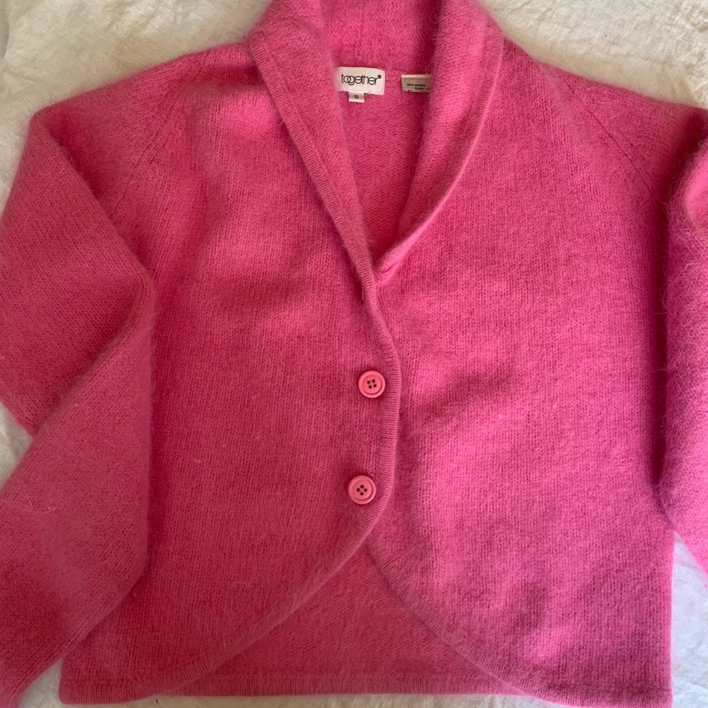 Vintage Angora Sweater in bubblegum pink. Cardigan style and slightly cropped.